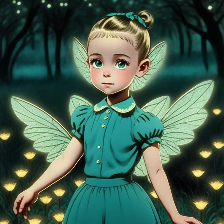 beautiful detailed girl, Cartoon Pretty CUTE LITTLE Girl AS FAIRY wings, DETAILED CHIBI EYES, detailed hair, teal Ponytail, key shot at computer monitor, Magazine ad, iconic, 1940, sharp focus. high detail, woodland village, in the night, fantasy, crescent moon, luminous, toadstools, fireflies, fantasy, fairy tale, mist, highly detailed. Best online AI image generators